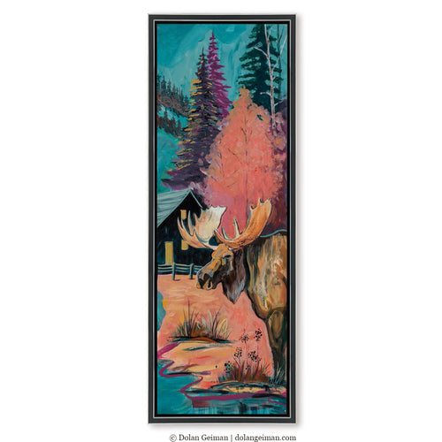 Western painting of a moose by cabin by Denver artist Dolan Geiman