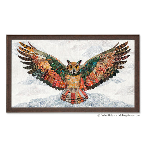 great horned owl with outstretched wings paper collage by assemblage artist Dolan Geiman