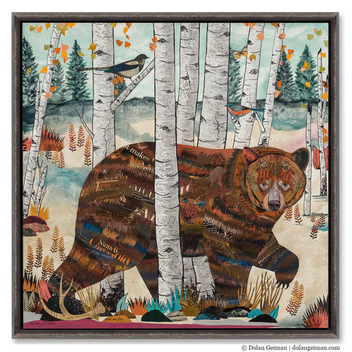 Colorado brown bear in the aspen trees framed wall art by collage artist Dolan Geiman.