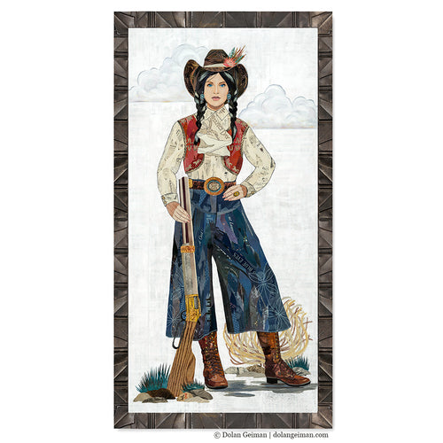 Vintage western cowgirl art by Denver collage artist Dolan Geiman.