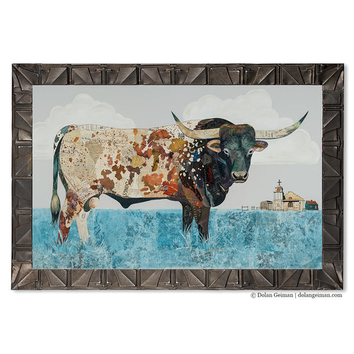 Texas longhorn paper collage by Denver assemblage artist Dolan Geiman.