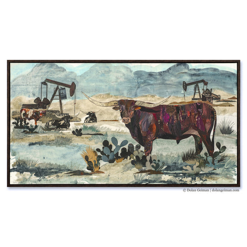longhorn with pumpjack collage art by Dolan Gieiman