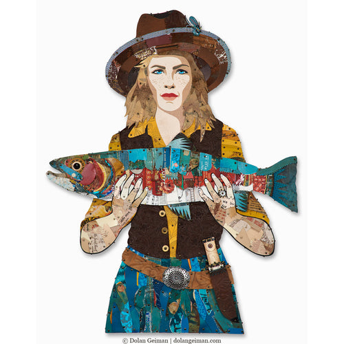 Female fishing guide with rainbow trout. Colorado metal sculpture wall art by Dolan Geiman.