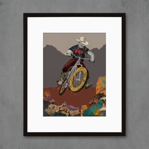 Mountain biker wall art framed or unframed by Denver collage artist Dolan Geiman.