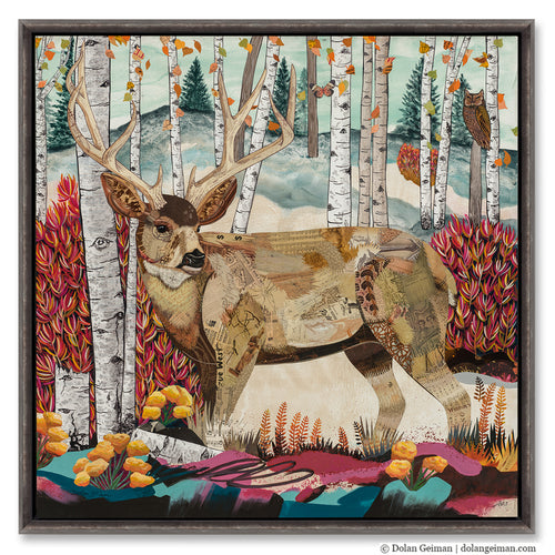 Buck deer in the aspen trees with mountains. Assemblage art by Denver artist  Dolan Geiman.