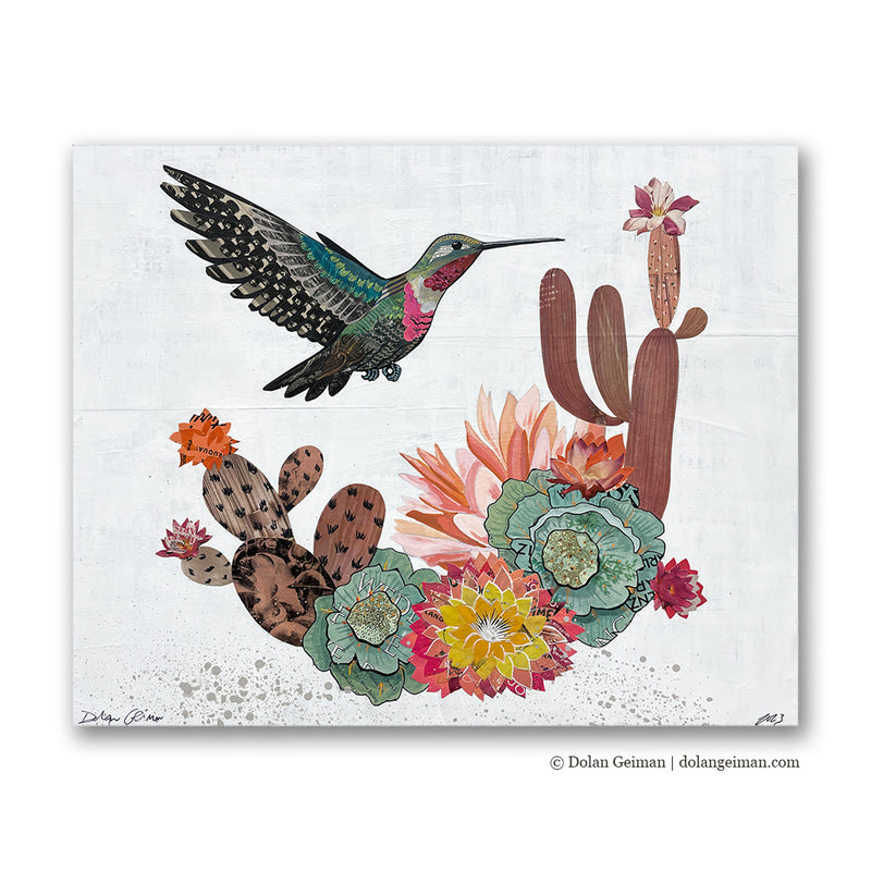 main image for HUMMINGBIRD CACTUS BLOOMS (small work) original paper collage