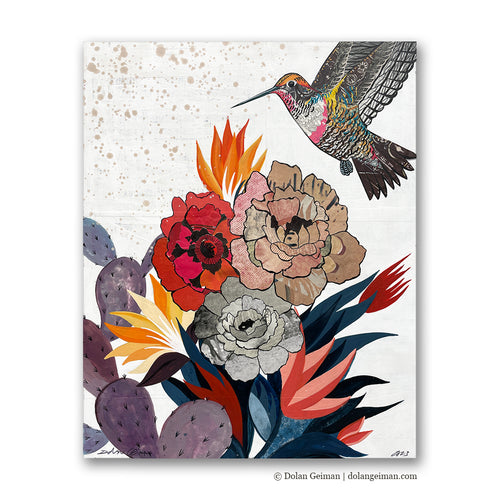 hummingbird in cactus blooms paper collage art by Dolan Geiman