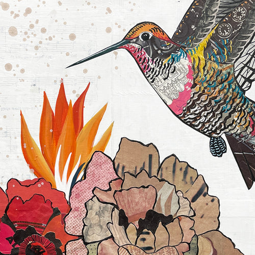 HUMMINGBIRD CACTUS (small work) original paper collage