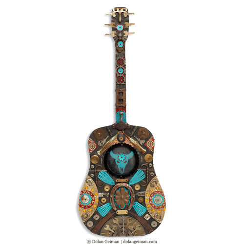 Assemblage art acoustic guitar by Denver artist Dolan Geiman.