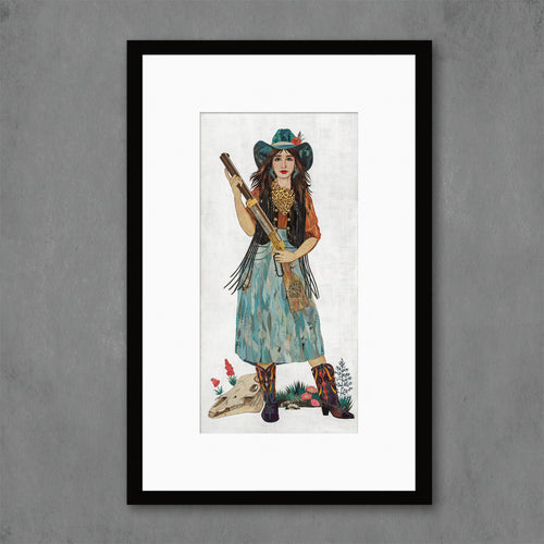 modern cowgirl art print featuring woman in cowboy hat and cowboy boots