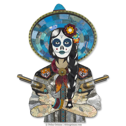 Collage art featuring a sugar skull cowgirl, Adelita by Denver artist Dolan Geiman.