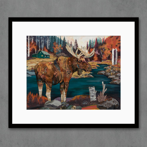 Moose mountainscape wall art with aspens, stream and evergreen trees.