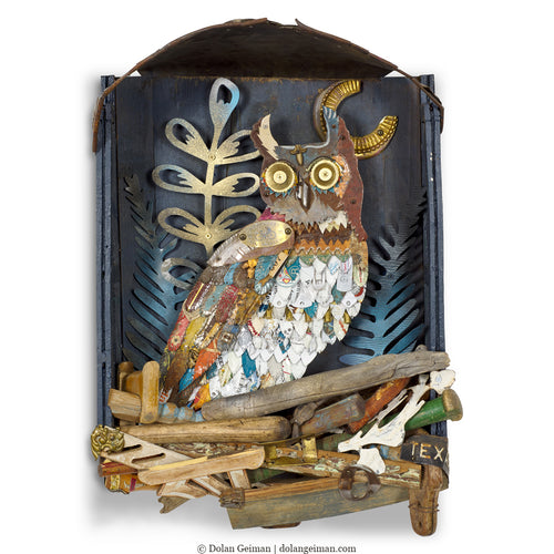 Great horned owl dimensional artwork by assemblage artist Dolan Geiman