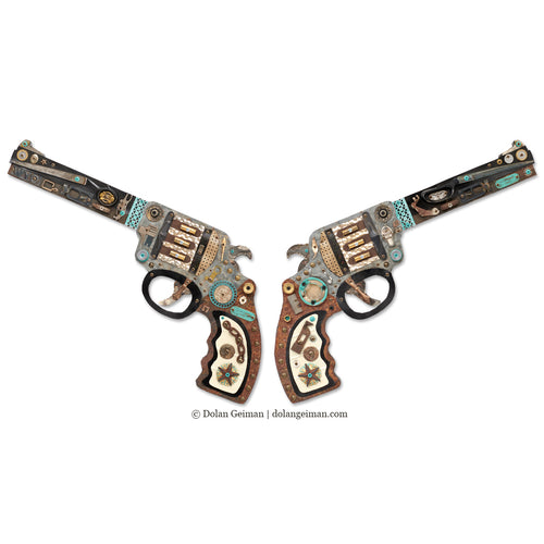 upcycled art of a Wild West gun set by assemblage artist Dolan Geiman