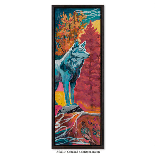 Framed wall art of a wolf in treed mountainscape. Mountain modern art by Dolan Geiman.