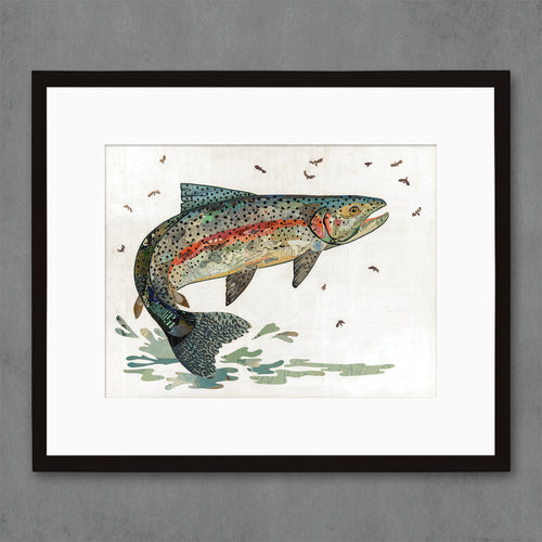wall art print for the angler, naturalist features jumping rainbow trout in stream