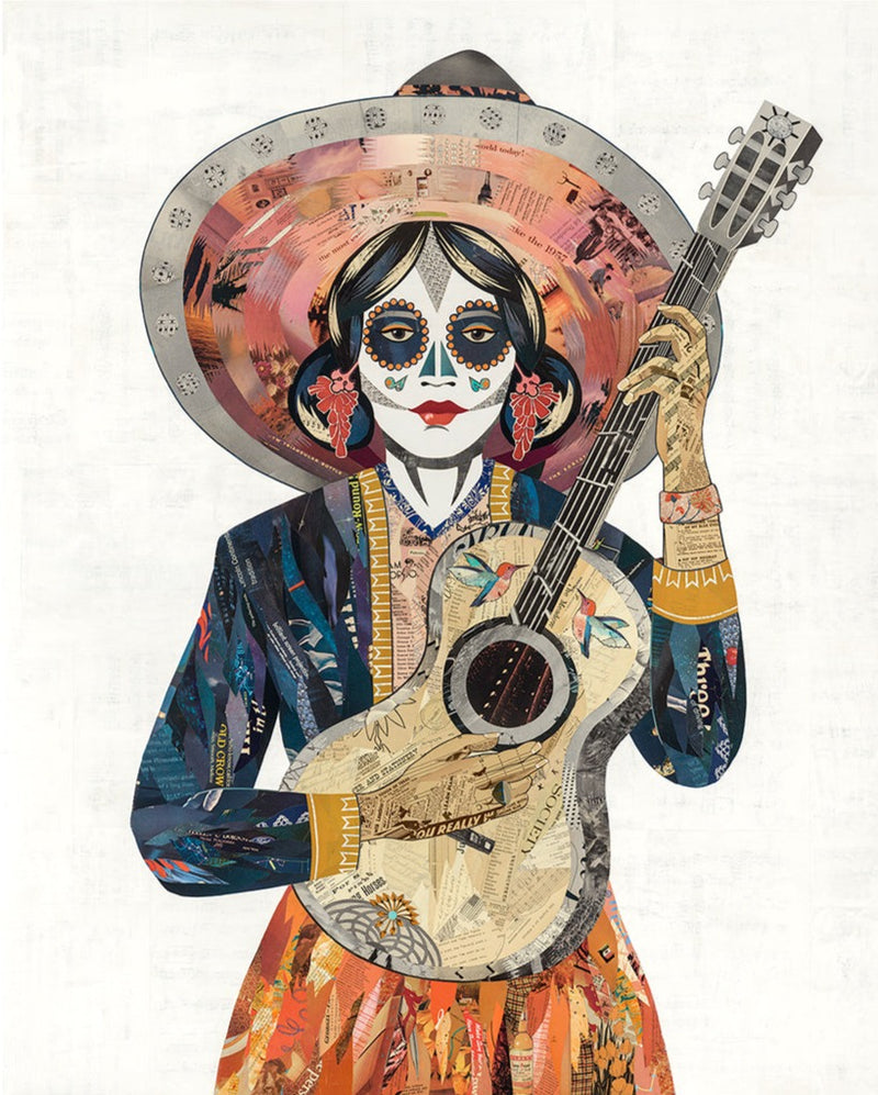 a painting-like paper collage art print of a woman with guitar and sugar skull makeup with hummingbird detail