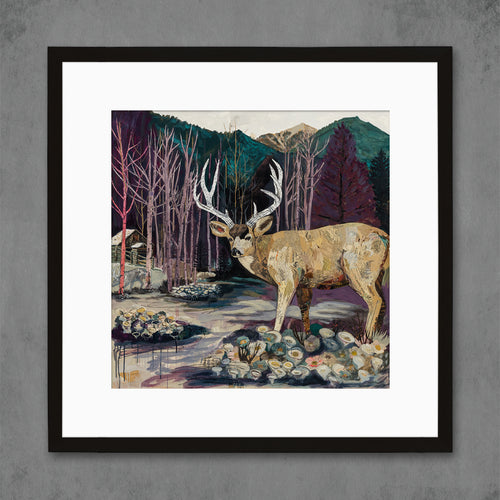 deer in forest with mountain backdrop woodland nature art print | animal wall decor in square format shown in black frame 