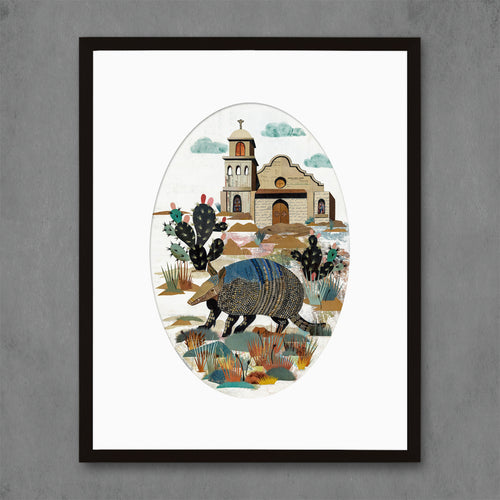 Spanish hacienda style art print features armadillo and cactus and old church in backdrop