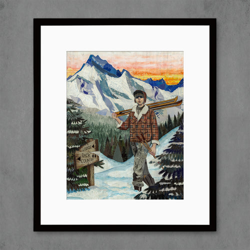 Colorado inspired vintage skiing skier wall art print with mountain backdrop