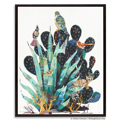 a canvas reproduction of a collage with cactus and birds on it