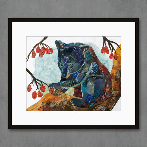 giclee art print with bear cub in tree grabbing berries | prints sized 16x20 or larger