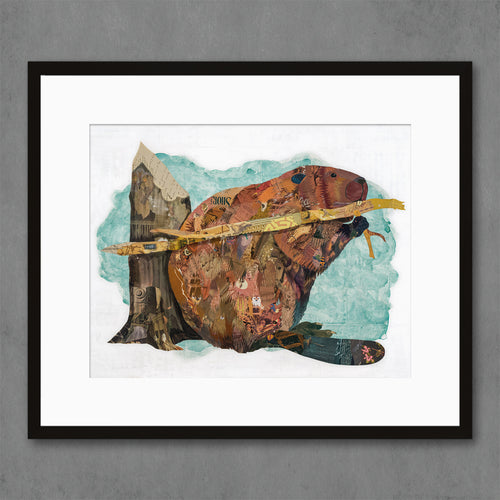 beaver art gift shown in black frame by collage artist Dolan Geiman
