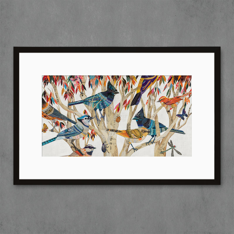 art print features a flock of birds gather in the trees with colorful leaves | includes blue jay and steller's jay