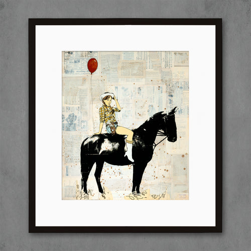 western girl riding a horse with red balloon | horseback equestrian wall art