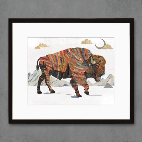 buffalo art bison print features lone bison in the snowy plains below a mountain range