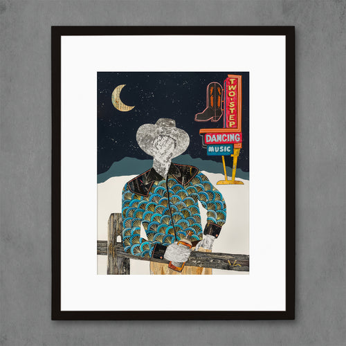 retro cowboy art print | he wears a vintage western shirt with bold pattern and sips bourbon before headed to two-step