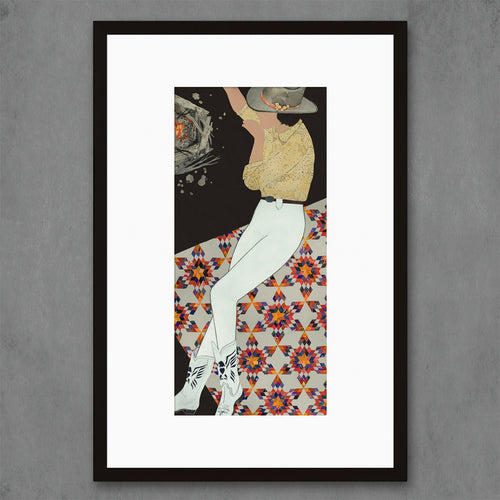 contemporary art print features a cowgirl on quilt resting by the campfire 