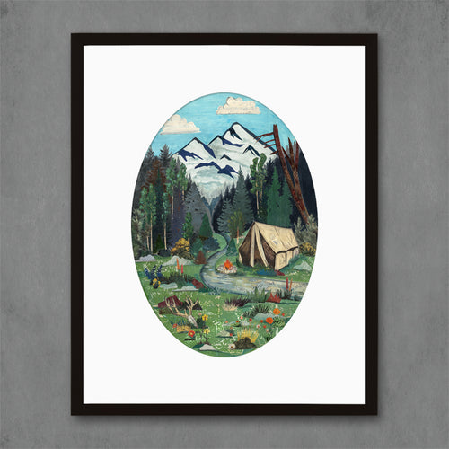 outdoorsman gift | summer camping art print with tent in meadow shown in unique oval format