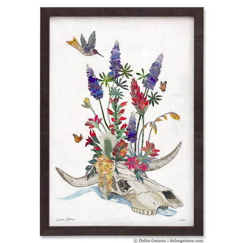 Dolan Geiman collage art with hummingbird, Indian paintbrush, and cow skull