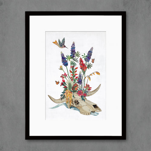 botanical wall art print features florals and skull | feminine skull poster