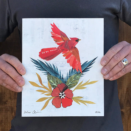 CARDINAL IN FLIGHT (small work) original paper collage