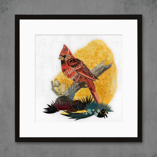 red cardinal art print size 16 x 16 shown in black frame