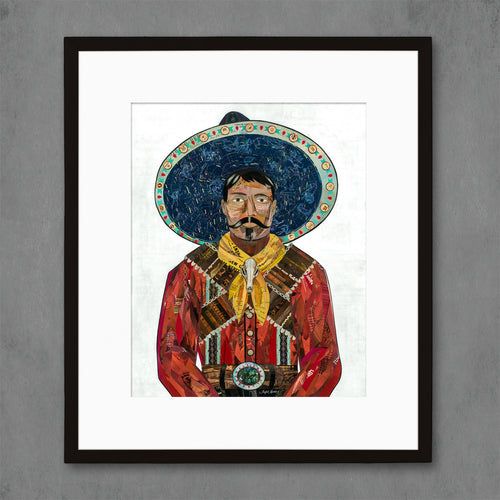 16x20 cowboy giclee art print with Mexican cowboy with sombrero in red, blue, and yellow