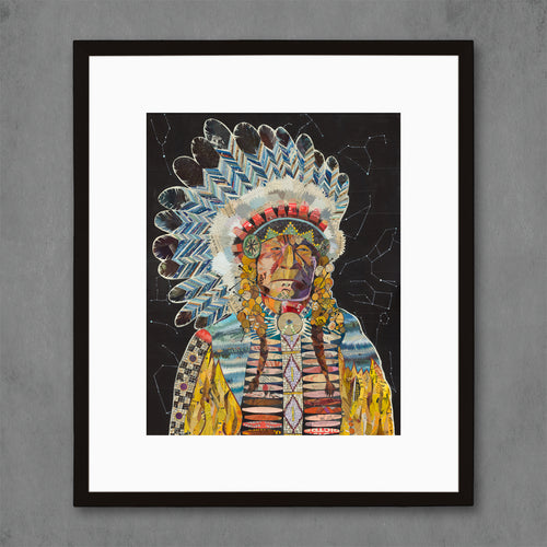 native american chief painting print with constellation stars and black background