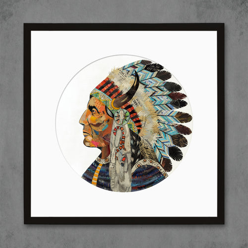 giclee print of Native American portrait in profile with feather headdress | shown framed in black