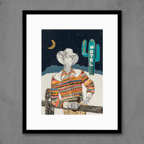Dolan Geiman collage print with cowboy leaning on fence sipping bear with retro motel sign in backdrop