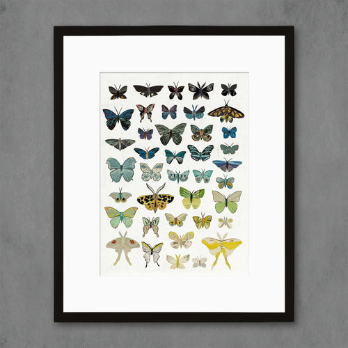 boho butterflies wall art print | vintage butterfly wall decor shown in cool tone blues and greens and yellows