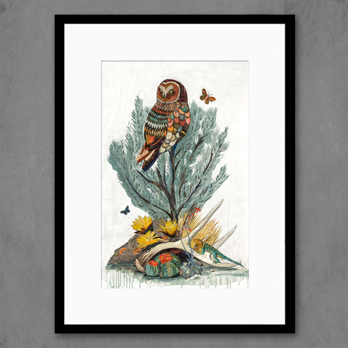 desert animals art print with owl, lizard, and butterflies | boho botanical wall art