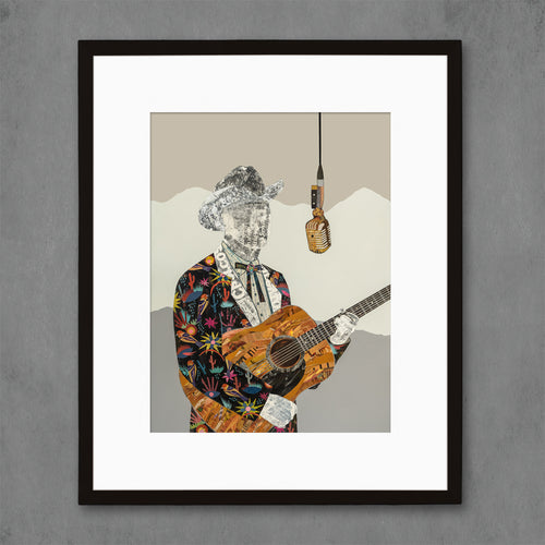 country music western art print with musician playing guitar with microphone | cowboy wears fancy nudie suit jacket