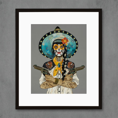 Dolan Geiman signature Vaquera art print with bison on shoulders and turquoise hat