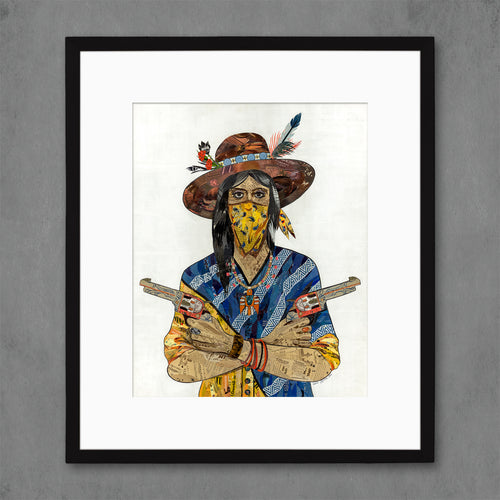 western wall art with banded heroine outlaw wearing blue serape 