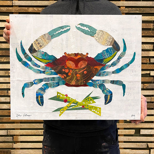 CRAB WITH GEOMETRIC SEAWEED (small work) original paper collage