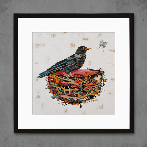 An ode to the crow and all her intelligence and ingenuity, this bird art print features her perched on a nest rich in color and vintage ephemera