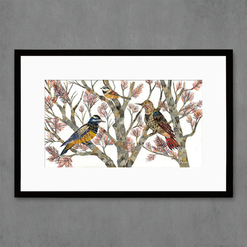 Archival reproduction of original birds in tree collage artwork featuring a Northern Flicker, a Chickadee, and Williamson's Sapsucker. Limited edition giclee print.