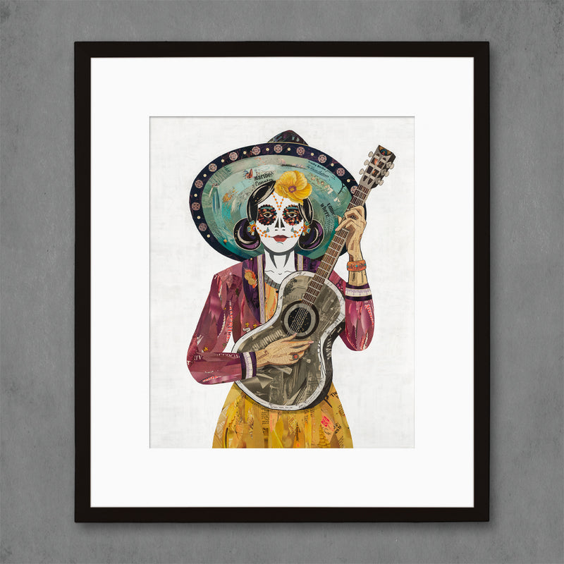 Archival reproduction of original Daybreak Sonata paper collage artwork featuring a flamenco guitarista with sugar skull makeup, a deep mauve jacket and golden yellow dress and flowers. Day of the Dead/Dia de los Muertos style contemporary southwest art.